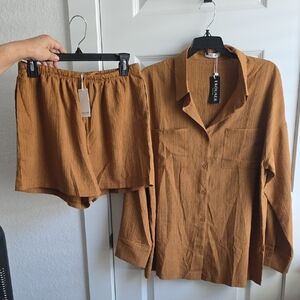 Ekouaer Brown Button-Up Shirt and Shorts Set Medium G184